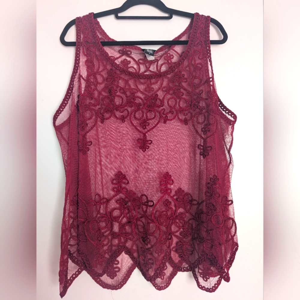 NWNT Torrid Red Wine Embroidered Mesh Top